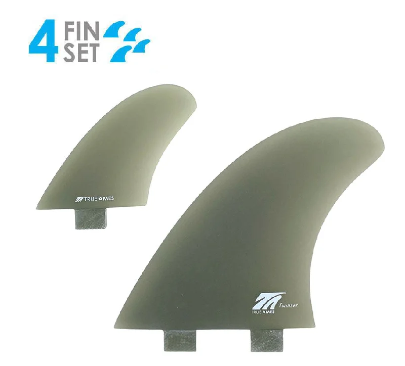 surfboard fins for added stability-True Ames Twinzer FCS Fiberglass Twin Fin Set-Smoke