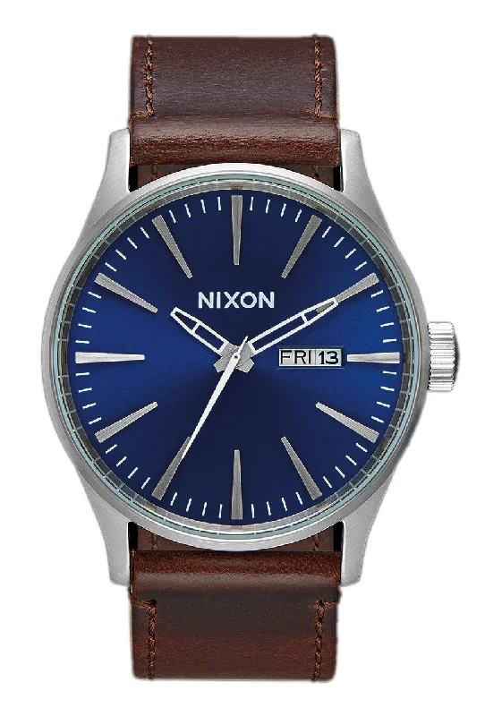 surfboards for competition-Nixon Sentry Watch Leather Blue and Brown