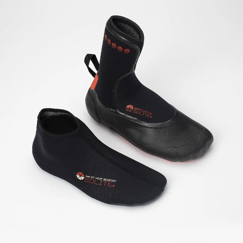 Booties 8mm SOLITE Custom (Black/Red) - Includes 1mm Neoprene Round Toe Heat Booster Socks