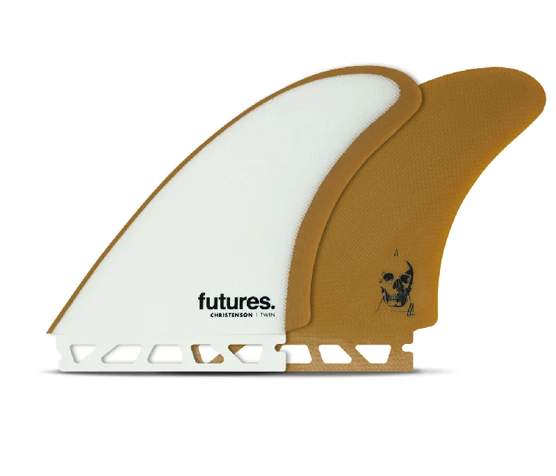 comfortable surfboard fins for foot straps-Futures Christenson Fiberglass Twin Fin Set-White/Brown