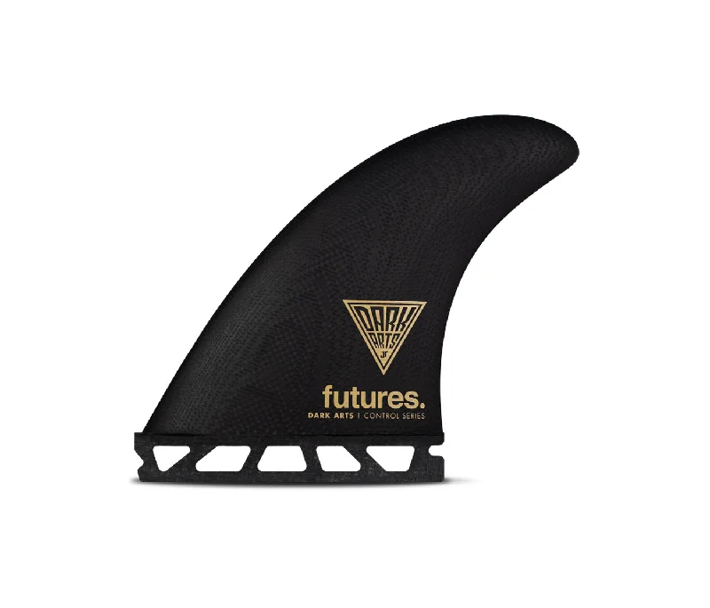 best surfboard fins for quick response-Future Fins Dark Arts Control Series Thruster Set Black-Gold L