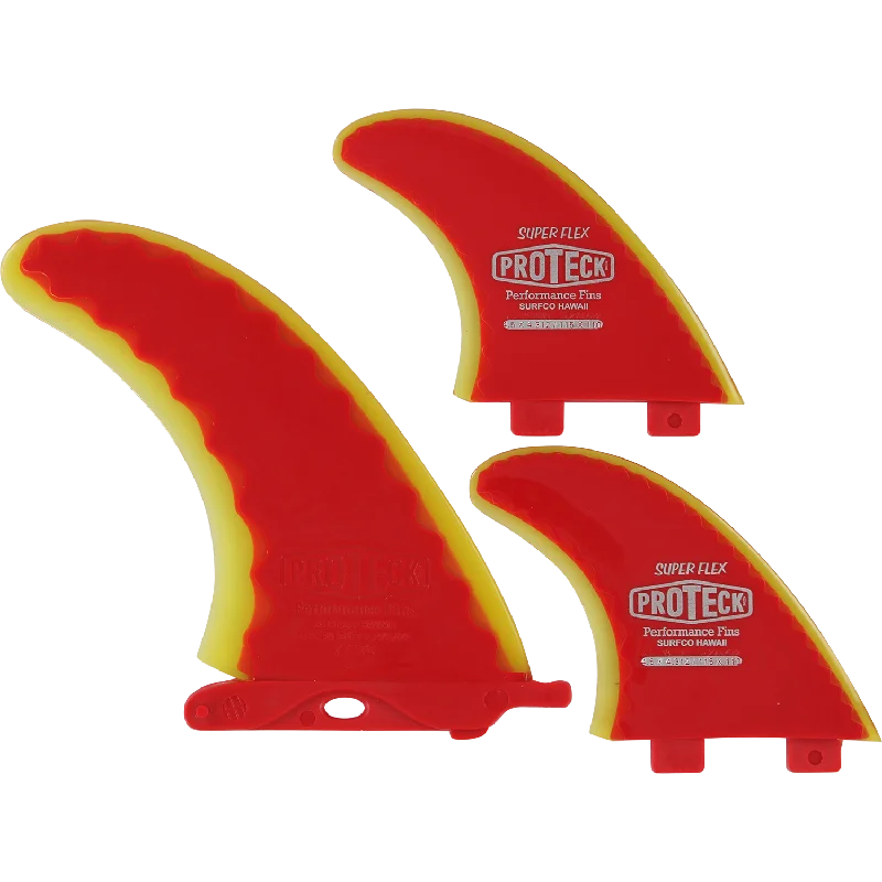 performance fins for better wave control-Proteck Super Flex Fcs Combo 7.0+4.5 Red/Yellow Surfboard FIN  -  SET OF 3PCS