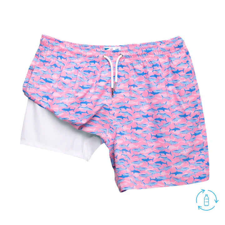 affordable surf clothing brands-Bermies Mens Pink Sharks Classic Swim Trunks w/Liner