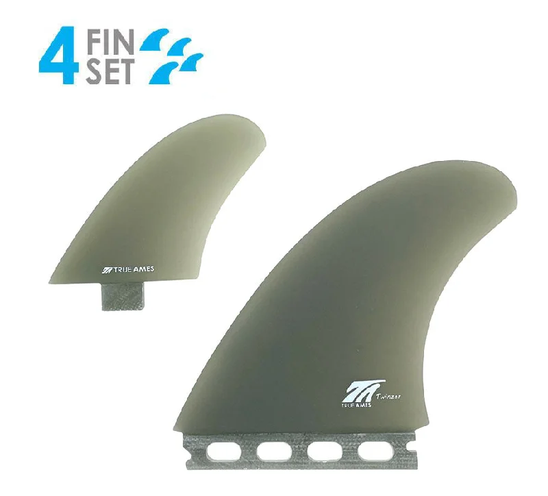 adjustable fin systems for surfboards-True Ames Twinzer FCS/Futures Fiberglass Twin Fin Set-Smoke